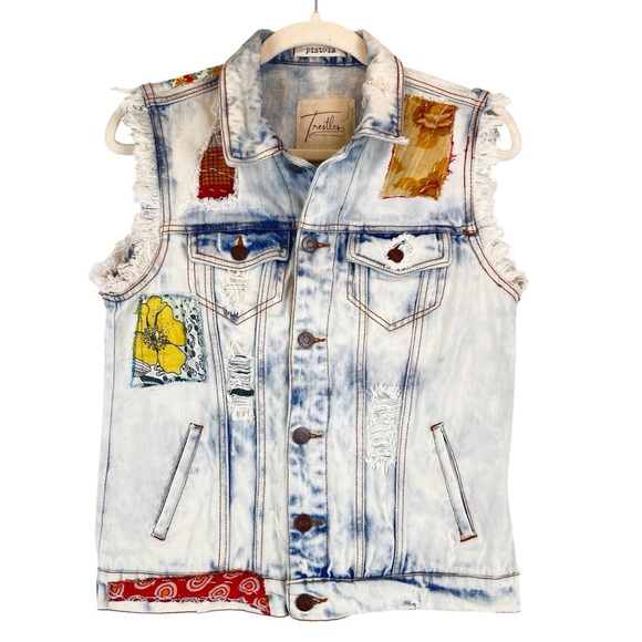 Pistola Boho Denim Distressed Vest Jacket Upcycled 3D Crochet Festival S/M - Picture 2 of 15